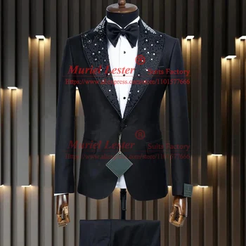 Luxusné pánske Obleky Pre Svadobné Čierne Korálkové Drážkou Klope Bunda, Nohavice 2 Ks Formálne Šaty Prom Party Banquet Ženícha Muž Tuxedo