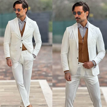 Biele pánske Obleky na Mieru 2 Kusy Sako Nohavice Singel svojim Vrchol Klope Slim Fit Letné Svadby Ženích na Mieru Plus Veľkosť